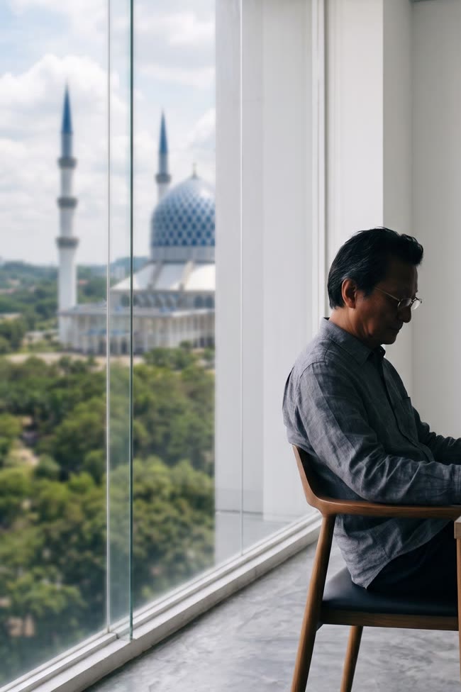 Ibrahim Bin Mohamed reading by the window, overlooking the Shah Alam skyline